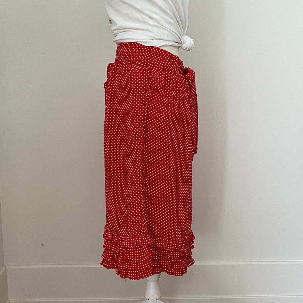 Vintage Fashion Village Red White Polka Dot Midi Skirt Ruffles Tie Belt Small - Picture 3 of 7
